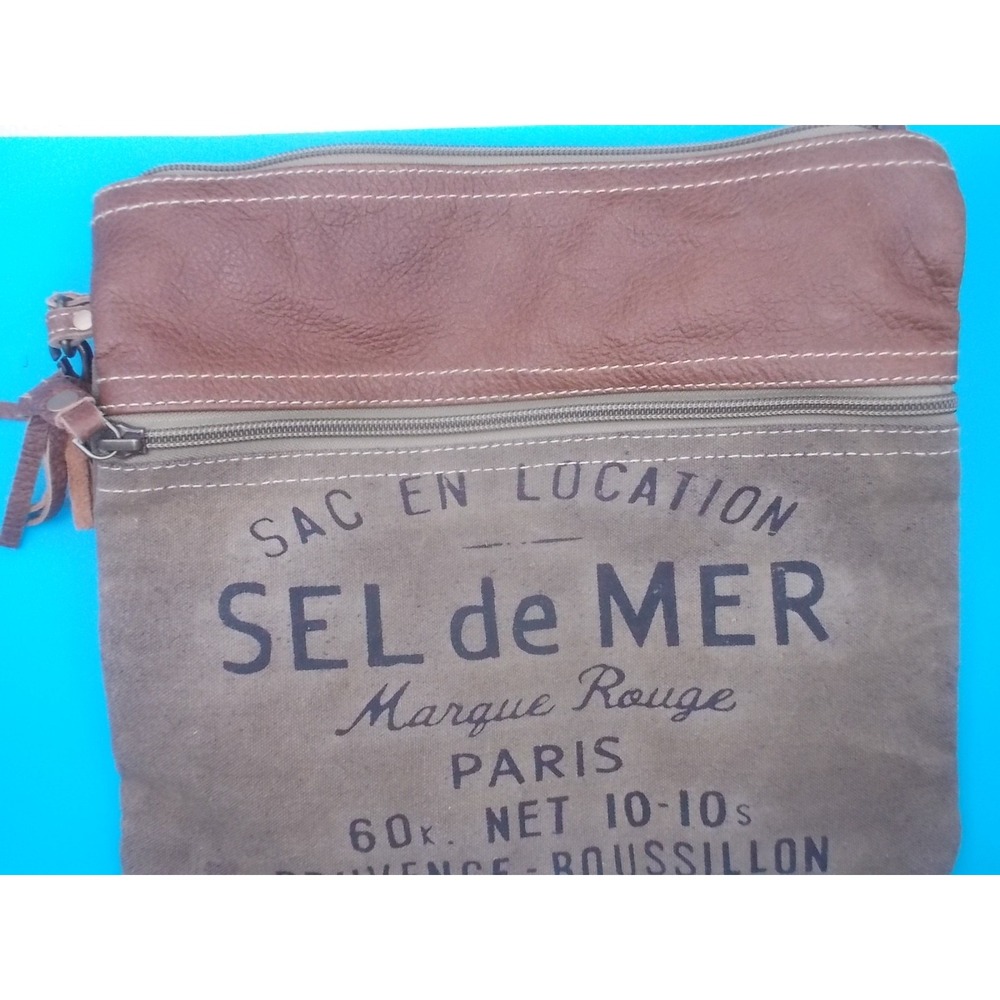 Mona B Sel de Mer Canvas Crossbody Bag Leather Trim French Graphic Olive Brown